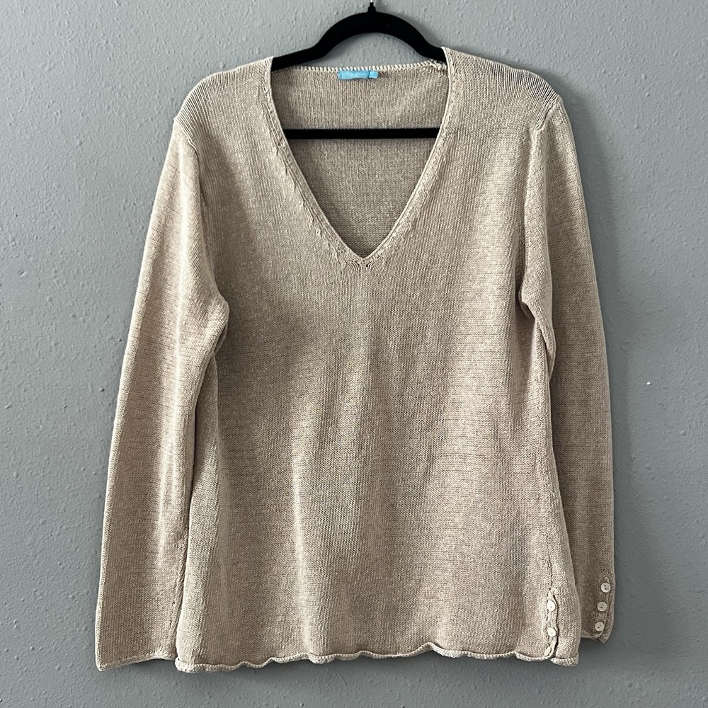 J.McLaughlin Knit V-Neck Sweater Top Women's L Beige Lightweight Boho‎ Earthy